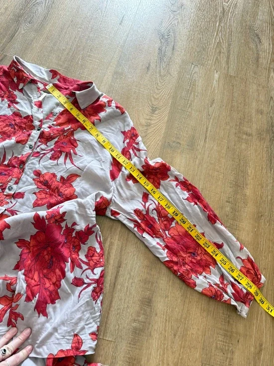 Free People Floral Long Sleeve Mini Dress Boho Grey Red OVersized XS - Picture 9 of 9